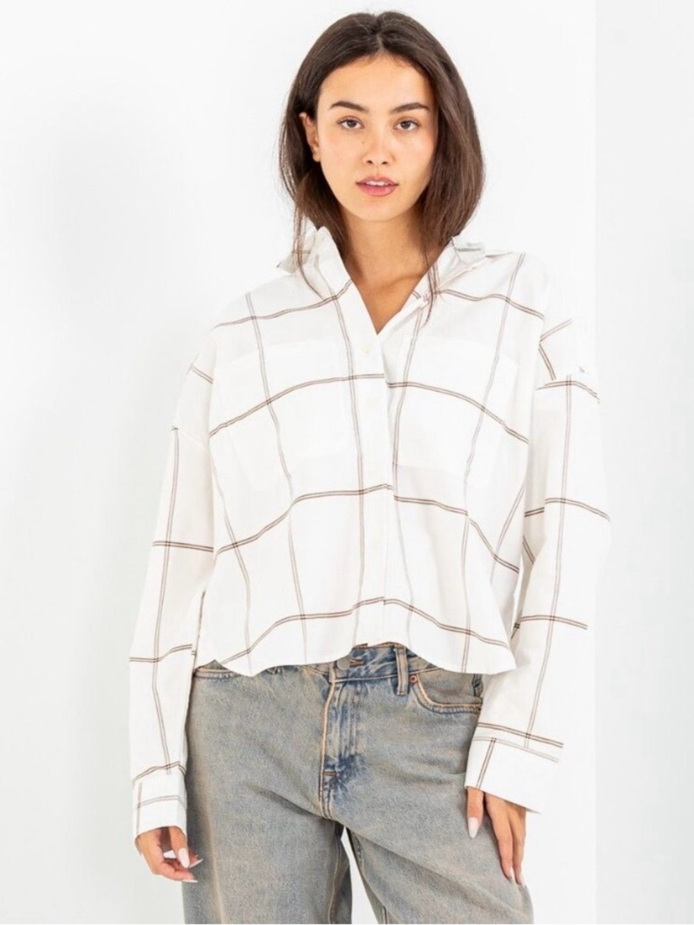 Vans NEW Cream Marshmallow Grid Plaid Antica Boxy Long Sleeve Button Down XS